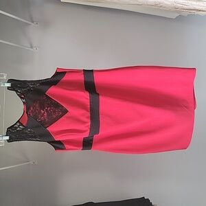 DEB red with black lace, zip up dress